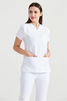 5 Reasons to Buy A Soft Anti-Wrinkle Terry Cotton Comfort Scrub Top Only From Super10MedPlus  Suitable for doctors, nurses, lab techs, pharmacists, veterinarians, students, physician assistants, nurse practitioners, surgeons, dentists, pathologists, pediatricians, obstetricians, radiologists, physical therapists, office managers, teachers, hygienists, aestheticians -- the list goes on. ❖ Affordable price ❖ Breathable, organic and top quality fabrics, only 100% Awesome ❖ Comfortable and light. It White Nurse Dress, Scrub Uniform, Nurse Dress, Nurse Dress Uniform, Basic Anatomy, Medical Scrubs Outfit, White Scrubs, Dental Scrubs, Handmade Scrub