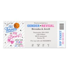 a ticket for a basketball game with the name gender reveal and pink bow on it