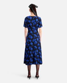 Long printed silk dress with buttoning | The Kooples - US Formal Floral Print V-neck Dress, Formal V-neck Floral Print Dress, Blue Floral Print Midi Dress For Work, Formal Floral Dress With V-neck, Blue Floral Midi Dress For Work, Blue Floral Print Evening Dress, Blue Floral Print Dress For Evening, Blue Floral Dress For Evening, Blue Short Sleeve Viscose Midi Dress