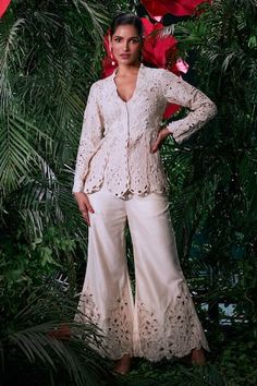 Ivory chanderi tonal cutwork and 3d floral applique panelled jacket. - Aza Fashions Long Jacket For Women, Long Jackets For Women, Panel Jacket, Rohit Bal, Jacket For Women, Bell Bottom Pants, Long Jacket, Floral Applique, Bell Bottom