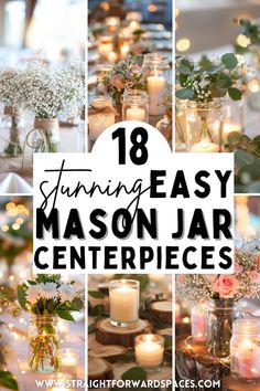 18 stunning easy Mason jar centerpieces featuring simple and stylish ideas for dining tables, kitchen tables, coffee tables, and more. Perfect for adding a touch of elegance to any space with minimal effort. Doily Centerpiece Ideas, Jars With Fairy Lights Centerpieces, Diy Lighted Centerpieces, Cute Center Piece Ideas, Table Centerpiece For Rehearsal Dinner, Seed Centerpieces, 60 Th Birthday Centerpieces, 90th Birthday Table Decor, Simple Easy Table Centerpieces