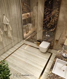 a bathroom with marble walls and flooring next to a sink, toilet and shower