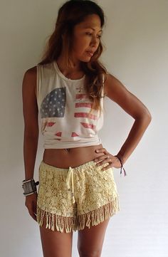 Lace Fringe Short/Boho Short 4 colors, Black,Beige,White,Yellow one size Short Boho, Cream Shorts, Short Fringe, Lace Short, Boho Lace, Yellow Shorts, Short Waist, Summer Shorts, Festival Fashion