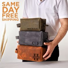 a man is holding three bags in his hands and the words same day free shipping are written on them