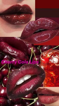 Glossy lips in various tones of cherry, red, brick, brown and magenta Cola Lips, Lip Trends, Cherry Cola, Cherry, Lips