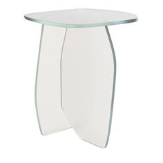 a white table with curved glass top on an isolated white background, viewed from the side