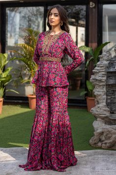 Shop for these amazing collections of Pink Crepe Printed Zigzag Round Kurta Sharara Set For Women by Mehak Murpana online at Aza Fashions. वेस्टर्न ड्रेस, डिजाइनर कपड़े, Pink Peplum Top, Sharara Designs, Kurta Sharara Set, Kurta Sharara, Elevated Casual, Indo Western Dress, Stylish Party Dresses