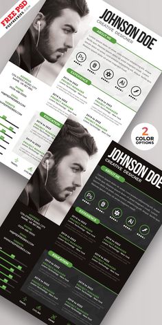 a green and black resume template with an image of a man in headphones on it