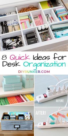 an organized desk with lots of office supplies and text that reads, quick ideas for desk organization