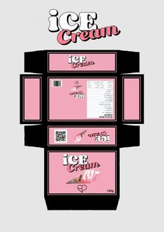 an ice cream advertisement with pink and black boxes on it's sides, including the words ice cream