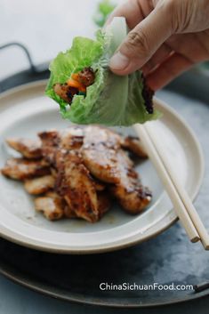 a person is eating some food on a plate with chopsticks in their hand