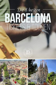 the barcelona ticket is shown in three different pictures, and there are people walking around