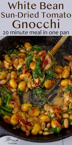 white bean and sun - dried tomato gnocchi in a skillet with text overlay