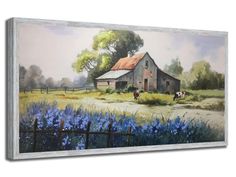 a painting of a barn with blue flowers in the foreground and a horse grazing on the other side