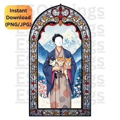 a woman holding a cat in front of a stained glass window with the words instant download png / jpg