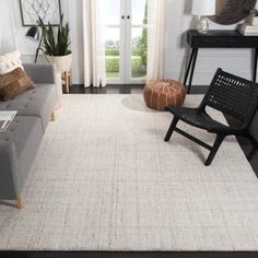 a living room filled with furniture and a white rug