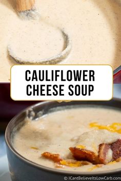 two pictures showing different types of cheese soup and how to make it in the slow cooker