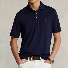 Size Xl Navy Relaxed Fit Shirt With Polo Collar, Classic Navy Short Sleeve Top, Blue Polo Collar Shirt With Relaxed Fit, Blue Relaxed Fit Polo Shirt, Navy Classic Top With Relaxed Fit, Polo Shirt Colors, Ralph Lauren Shirt, Men's Polo, Shirt Color