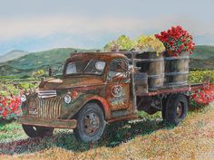 a painting of an old truck with flowers in the back