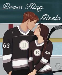 a man and woman in hockey jerseys standing next to each other with the words from king gus