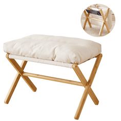 a wooden bench with a white cushion on it and a photo of the back rest