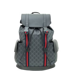 Material: Black GG Supreme Canvas with Black Leather Trim, Black Mesh and Blue/Red Web Hardware: Silver Features: Pockets: 2 Card Slots, Interior Laptop Pocket, 2 Exterior Side Flap Pocket with Magnetic Snap Closure Bag style: Backpack Closure type: Flap with Buckle Closure and Drawstring Closure Underneath Serial Number / Stamp / Date Code: 495563 - 213048 Measurement in inches: W x D x H Inclusions: Wrong Box Condition: Used in excellent condition �– 8 out of 10 Exterior: excellent condition, w Supreme Backpack, Red Web, Boxing Conditioning, Number Stamps, Fit Ideas, Celine Bags, Bag Style, Laptop Pocket, Gucci Black