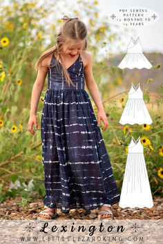 The Lexington Dress & Top Sewing Pattern (sizes 12 months - 14 years) features a crossover front bodice with an optional gathered or flat bodice band. Choose from skirt options including a simple skirt in top, dress, and maxi lengths, or elevate the style with a tiered tulle dress or a dreamy tulle maxi dress. The strappy back with tie closure and elastic casing adds a delightful and adjustable touch. Perfect for special occasions or everyday magic!