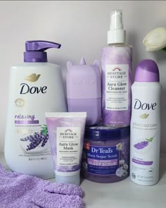 Lavender is well known to promote relaxation to get better sleep.. This combo is created in mind to do the job for you. Skin Care Lavender, Bath Care Aesthetic, Dove Care Products, Purple Hygiene Products, Lavender Body Care Routine, Dove Skincare Products, Dove Lavender Body Wash, Shower Skin Care Body Wash, Lavender Body Products