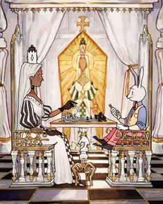 two people are sitting at a table playing chess in front of a stained glass window