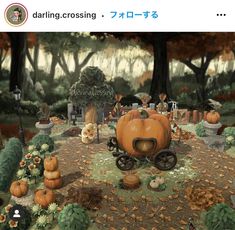 an animated image of pumpkins and other decorations in a park with people walking around