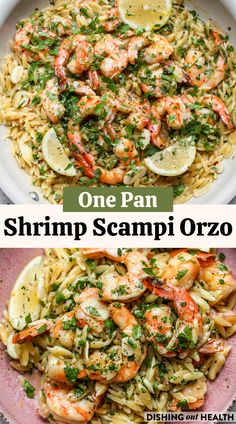 one pan shrimp scampi orzo with lemons and parsley on top