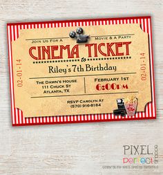 an old movie ticket birthday party card with the words cinema ticket on it and popcorn buckets