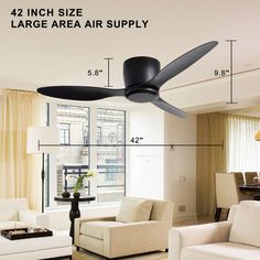 the ceiling fan is labeled with measurements for each room in this house, including two couches and one chair