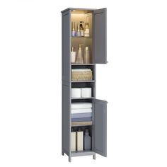 a tall gray cabinet with shelves and bottles on it's sides, in front of a white background