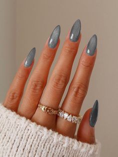 Grey Collar Color Nails Embellished Beauty Tools Almond, Nail Polish, Glitter, Ring, Nails, Grey, Silver, White