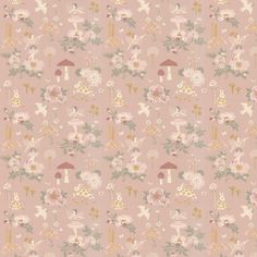 a pink wallpaper with various flowers and birds on the top, along with mushrooms