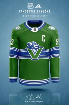 an ice hockey jersey designed to look like the vancouver maples'green and blue uniform