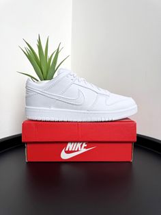 a pair of white nike sneakers sitting on top of a red box next to a plant