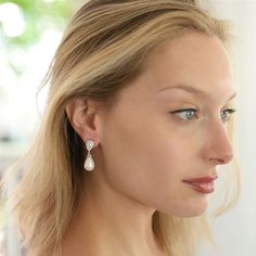 CZ and Soft Cream Pearl Drop Wedding Earrings in Pierced or Clip On Earring For Bride, Rhinestone Bridal Jewelry, Pearl Teardrop Earrings, Rose Gold Bridal Earrings, Silver Bridal Earrings, Ivory Earrings, Pearl Earrings Wedding, Gold Bridal Earrings, Wedding Earrings Drop