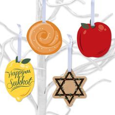 an apple, orange and star of david are hanging from the branches of a tree