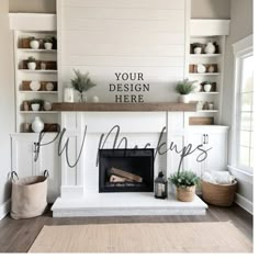 the fireplace is decorated with white paint and wooden shelves, along with other decor items