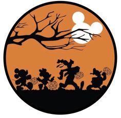 an orange and black halloween scene with mickey mouse