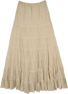 A beige-cream-colored broomstick style skirt in slightly crinkled cotton fabric for summers.  This ankle-length tiered skirt features eight tiers with unfinished flouncy hemline on each tier. #tlb #Crinkle #TieredSkirt #Pocket #longcottonskirt #skirtwithpockets Beige Tiered Flowy Maxi Skirt, Beige Flowy Tiered Maxi Skirt, Beige Tiered Lined Maxi Skirt, Beige Tiered Skirt With Ruffle Hem, Cream Tiered Maxi Skirt With Gathered Details, Cream Tiered Gathered Maxi Skirt, Beige Tiered Skirt, Cream Cotton Maxi Skirt, Beige Cotton Tiered Maxi Skirt