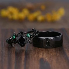 Gothic Hexagon Black Onyx Couples Ring Set Silver Black Ring Plain Stack Matching Band Unique Black Onyx Promise Ring Gift For Her and Him Black gold plated, 10k 14K 18K black gold/yellow gold/ white gold/ rose gold Woman's  Ring: Main stone: 7mm round cut natural black onyx Accent stone:marquise cut lab created green emerald Band width:approx 1.5mm Setting:prongs set Men's ring: Hexagon cut Black Rutilated Quartz Band width:7mm Bezel set Jewelry maintenance tips ▶ To avoid of chemical reactions,do not touch with daily chemicals,such as soap,shower gel,shampoo,chemicals. ▶ To avoid deformation or breakage on any collision or stress,take off it when sporting,sleeping,cooking. ▶Do not expose on high temperature and sun exposure for long time to avoid unnecessary fading. ▶Worn and placed prop Gothic Black Crystal Promise Ring, Adjustable Black Couple Rings For Gift, Ring Set Silver, Matching Ring Set, Ring Hexagon, Emerald Band, Couples Ring, Couples Ring Set, Her And Him