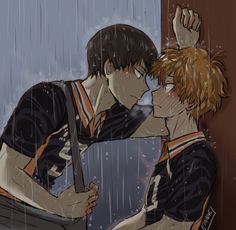 two people kissing in the rain with one holding an umbrella and the other looking at him