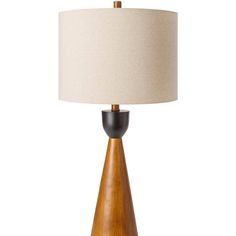 a wooden table lamp with a white shade on it's base and a beige fabric lampshade