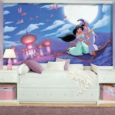 a bedroom with a bed, dressers and wall mural in the shape of disney's princesses