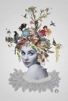 a woman's head with birds and flowers on it, surrounded by other objects