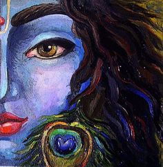 a painting of a woman's face with peacock feathers