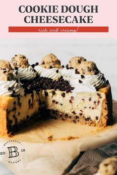 cookie dough cheesecake with oreo cookies on top and the title overlay reads, chocolate chip cookie dough cheesecake